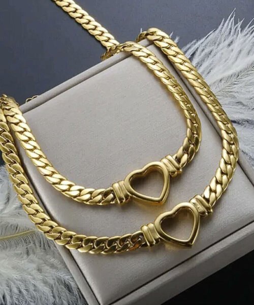 Conjunto Cordão + Pulseira Feminina Coração Vazado Banhada a Ouro 18k