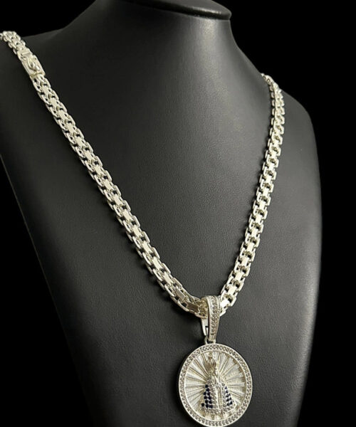 Cordão 10mm Cadeado Duplo + Pingente Nossa Senhora - Banhado a Prata 925
