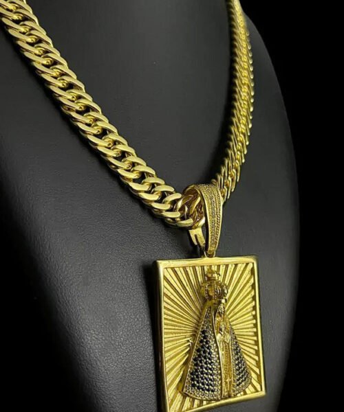 Cordão 13mm Grumet + Pingente Nossa Senhora Quadrada - Banhado a Ouro 18k