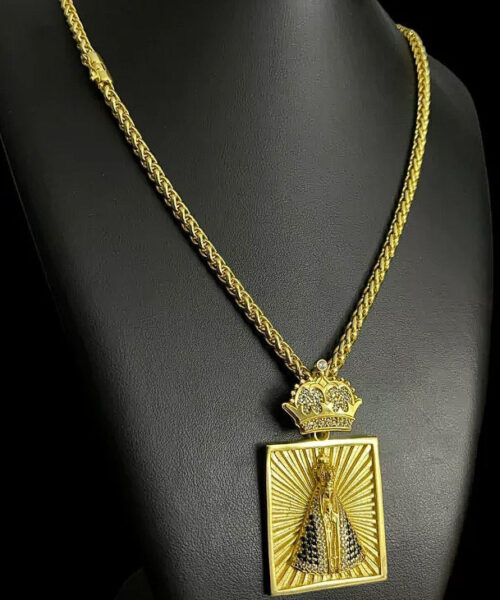 Cordão 8mm Peruano + Pingente Nossa Senhora Cravejado  (pedra Azul) - Banhado a Ouro 18k