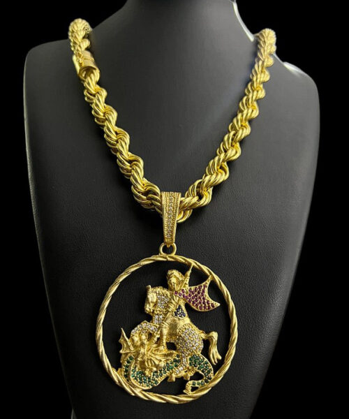 Cordão Baiano 13mm + Pingente São Jorge - Banhado a Ouro 18k