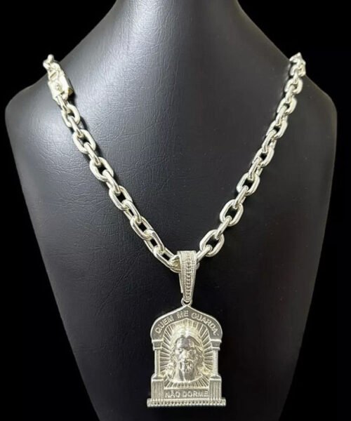 Cordão Cadeado 12mm + Pingente Jesus Me Guarde - Banhado a Prata 925