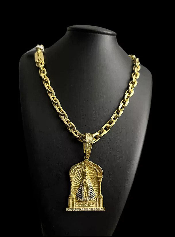 Cordao Cadeado 12Mm Pingente Nossa Senhora Banhado A Ouro 18K Preto