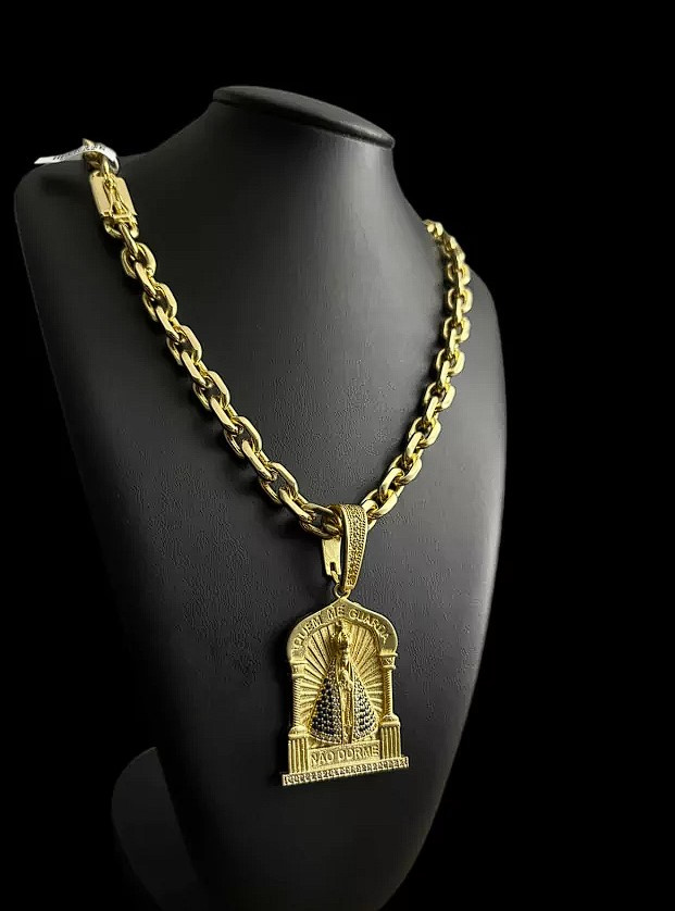Cordao Cadeado 12Mm Pingente Nossa Senhora Banhado A Ouro 18K