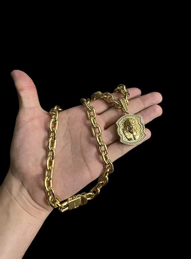 Cordao Cadeado 14Mm Pingente Jesus Cristo 3D Banhado A Ouro 18K Preto