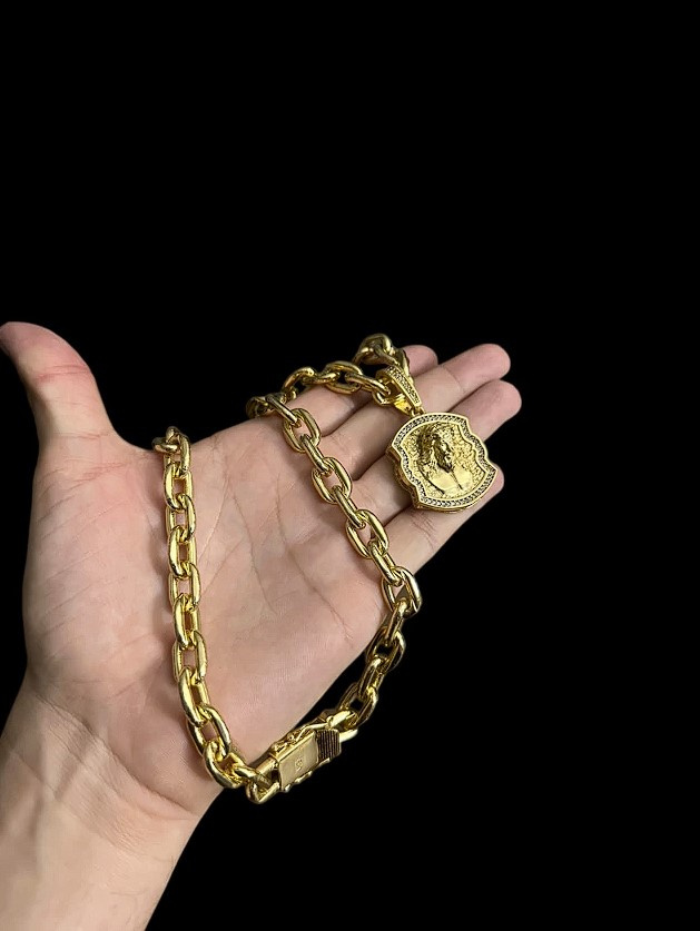 Cordao Cadeado 14Mm Pingente Jesus Cristo 3D Banhado A Ouro 18K3