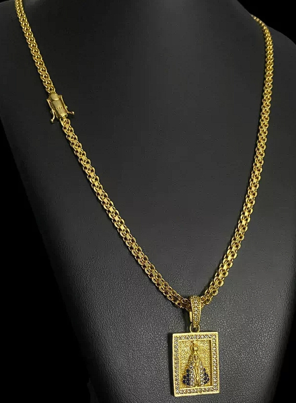 Cordao Cadeado Duplo 5Mm Pingente Nossa Senhora Banhado A Ouro 18K 2
