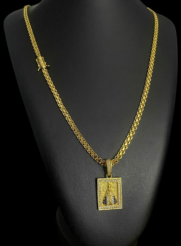 Cordao Cadeado Duplo 5Mm Pingente Nossa Senhora Banhado A Ouro 18K Preto