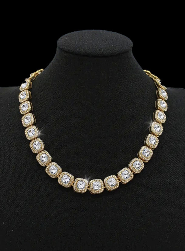 Cordao Cravejado 12Mm Banhado Ouro 18K Capa Preto
