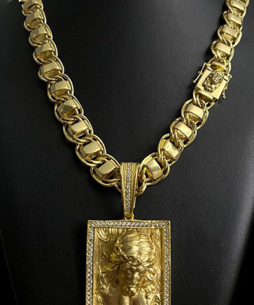 Cordão Dubai 15mm (fecho Especial) + Pingente Jesus Zeus 3d - Banhado a Ouro 18k