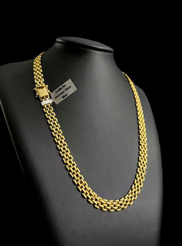Cordao Elo Americano 10Mm Banhado A Ouro 18K Preto