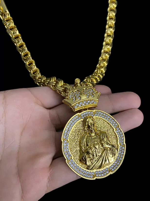 Cordao Friso 12Mm Pingente Jesus Banhado A Ouro 18K 3
