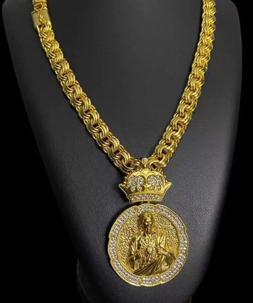 Cordão Friso 12mm + Pingente Jesus - Banhado a Ouro 18k
