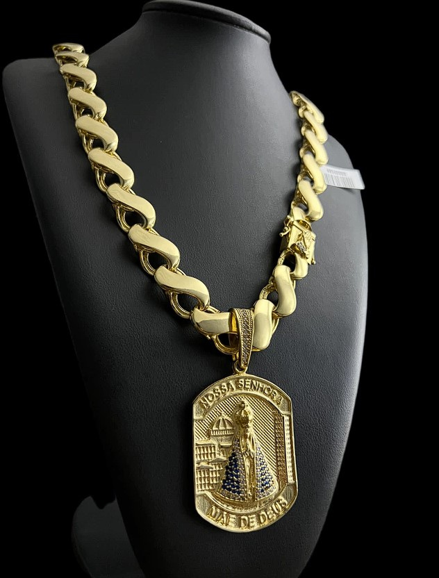 Cordao Friso S 16Mm Fecho Especial Pingente Nossa Senhora Banhado A Ouro 18K