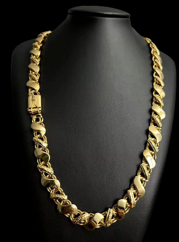 Cordao Friso S Bordado 13Mm Banhado Ouro 18K Preto