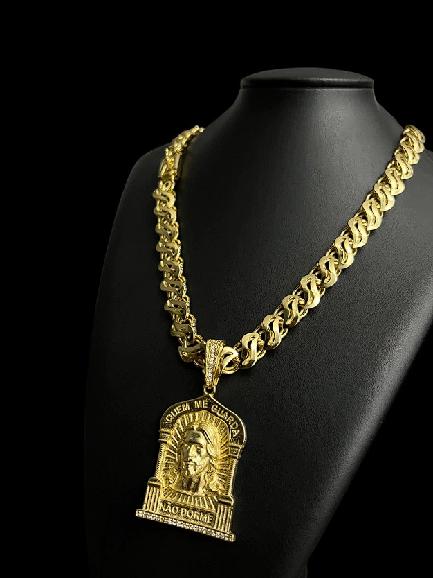 Cordao Friso S Vazado 13Mm Pingente Jesus Cristo Banhado A Ouro 18K 2