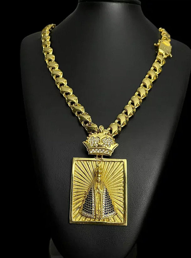 Cordao Friso X 13Mm Nossa Senhora Coroa Banhado A Ouro 18K Preto