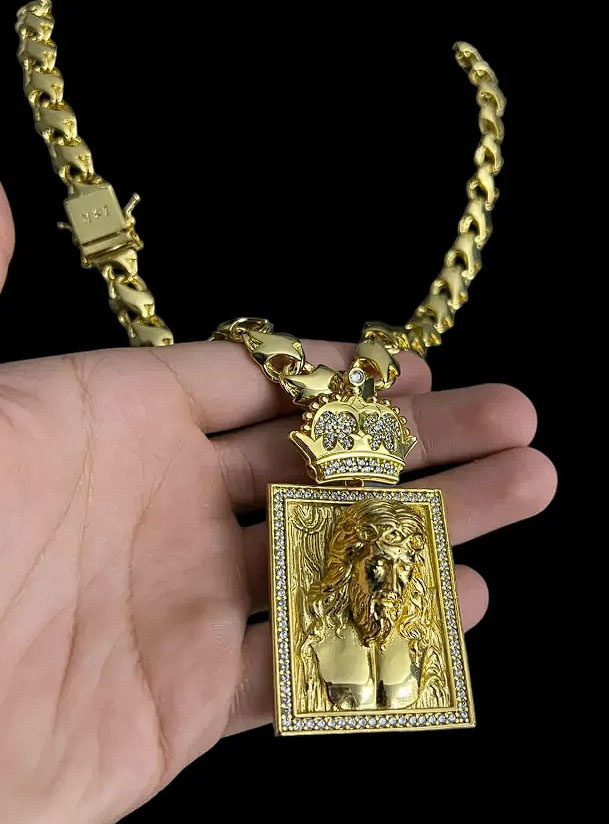 Cordao Friso X 13Mm Pingente Jesus Cristo 3D Banhado A Ouro 18K Preto