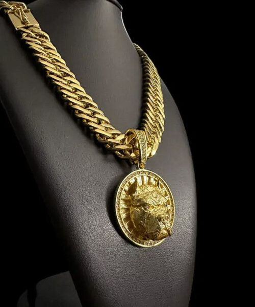 Cordão Grumet 18mm + Pingente Pitbull Redondo - Banhado a Ouro 18k