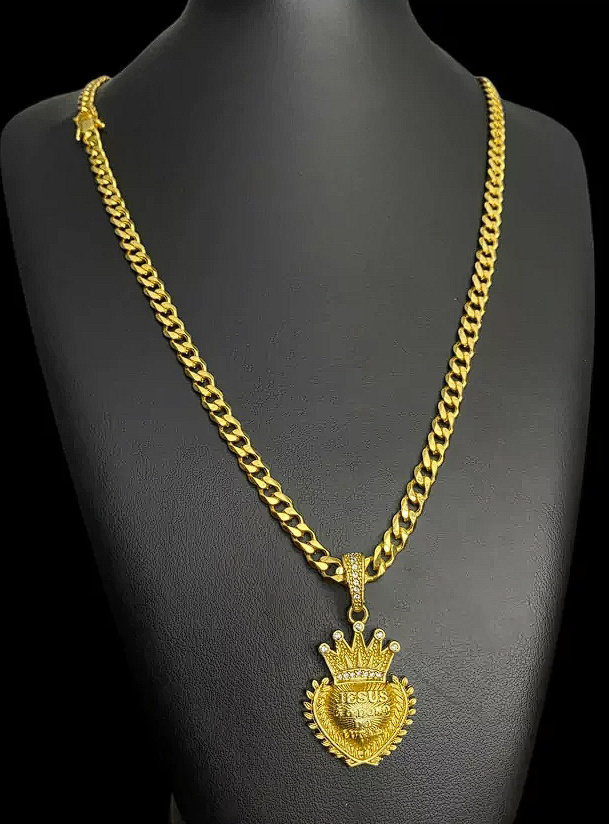 Cordao Grumet Pit Bull 6Mm Pingente Jesus E O Dono Do Lugar Banhado A Ouro 18K Preto