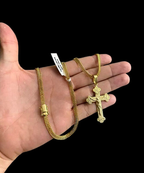 Cordão Lacraia 5mm + Pingente Cruz Jesus - Banhado a Ouro 18k