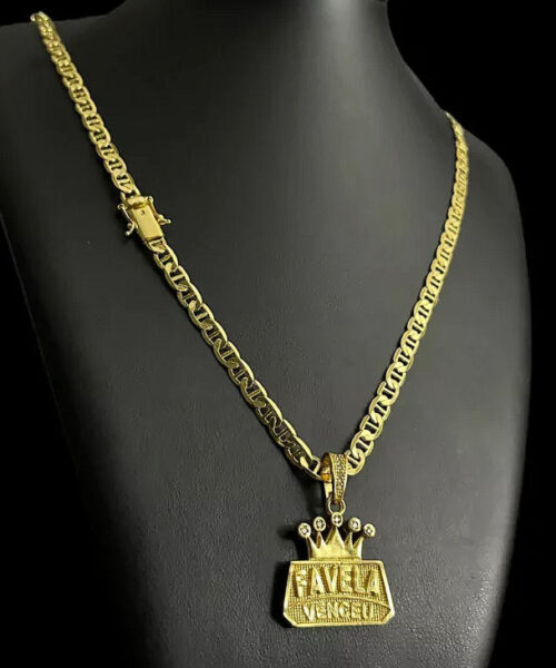 Cordão Piastrine 5mm + Pingente Favela Venceu - Banhado a Ouro 18k