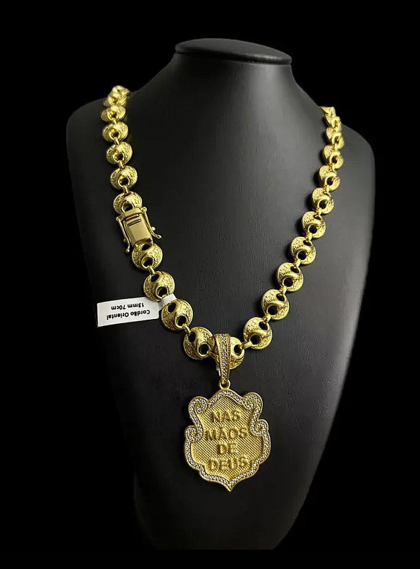 Cordao Oriental 13Mm Pingente Nas Maos De Deus Banhado A Ouro 18K Preto