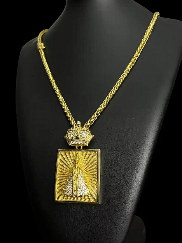 Cordao Peruano 8Mm Nossa Senhora Quadrada Banhada A Ouro 18K 2