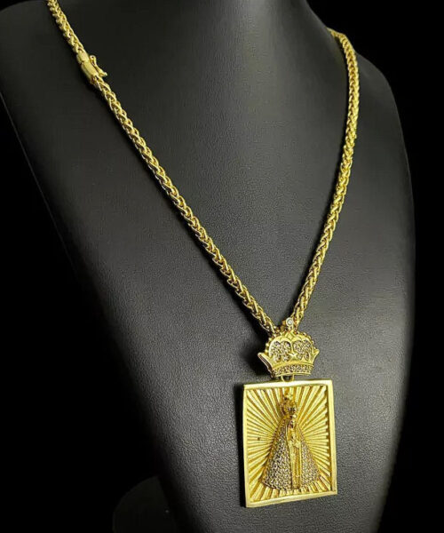 Cordão Peruano 8mm + Pingente Nossa Senhora Quadrada - Banhada a Ouro 18k