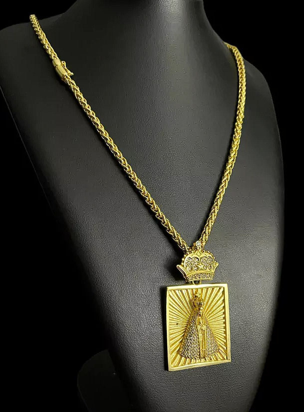 Cordao Peruano 8Mm Nossa Senhora Quadrada Banhada A Ouro 18K Preto