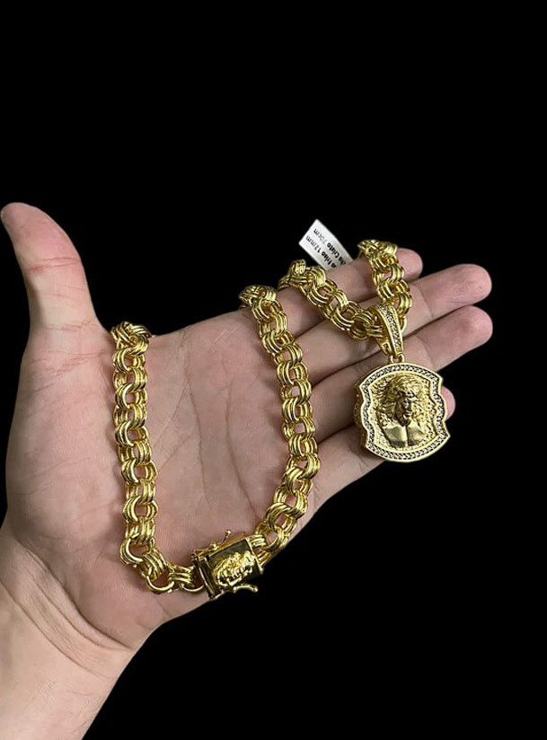Cordao Pingente 3D Friso Triplo 13Mm Fecho Especial Banhado A Ouro 18K 2