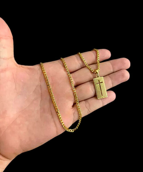 Cordão Pitbull Grumet 3mm + Pingente Cruz - Banhado a Ouro 18k