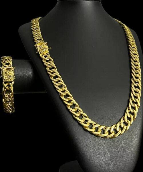 Cordão + Pulseira Grumet 15mm Fecho São Jorge - Banhado Ouro 18k