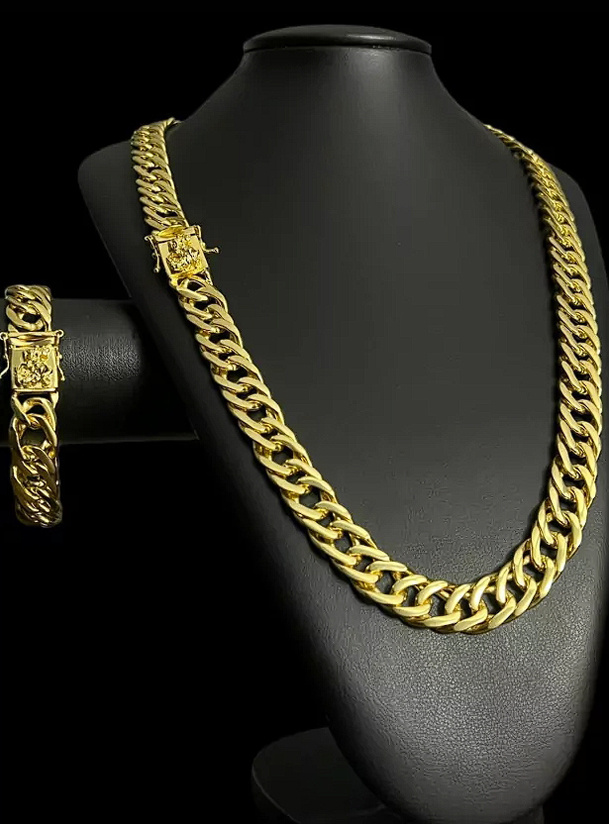 Cordao Pulseira Grumet 15Mm Fecho Sao Jorge Banhado Ouro 18K Preto