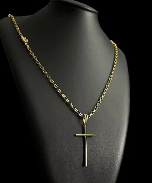 Cordão Tijolinho 3mm + Pingente Cruz Palito - Banhado a Ouro 18k
