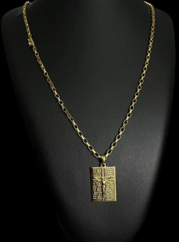 Cordao Tijolinho 3Mm Pingente Jesus Banhado A Ouro 18K Preto