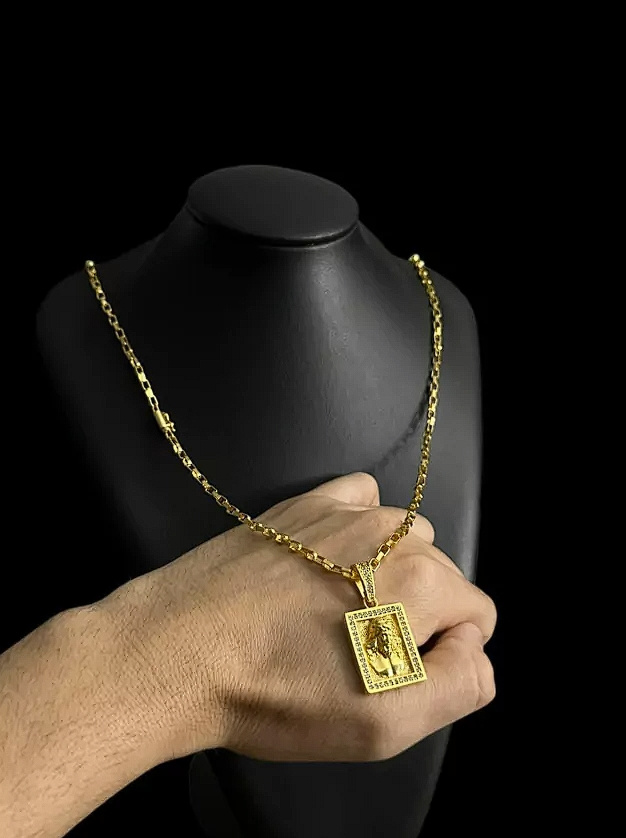 Cordao Tijolinho 3Mm Pingente Jesus Cravejado Banhado A Ouro 18K 3