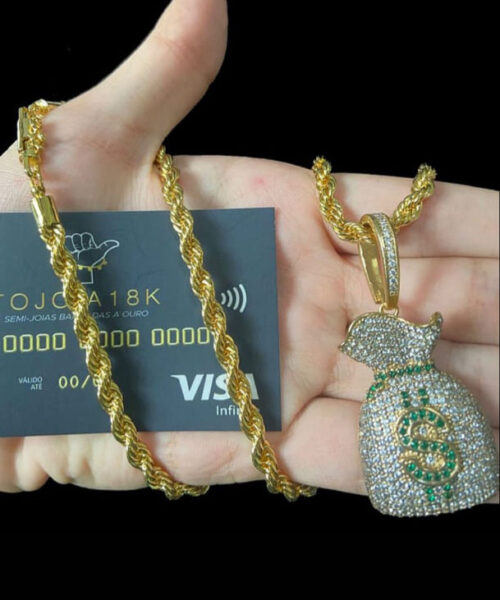 Corrente Baiano (5mm) + Pingente Saco de Dinheiro - Banhado a Ouro 18k