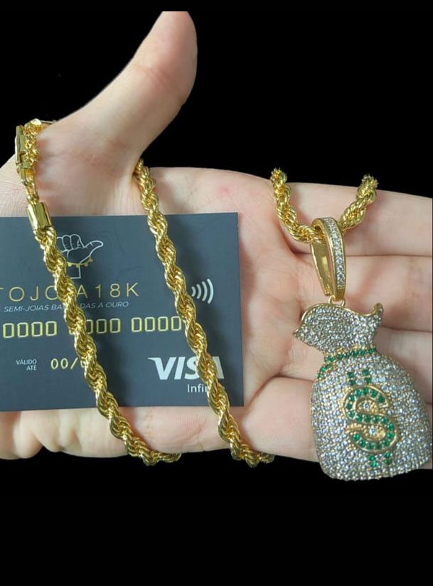 Corrente Baiano 5Mm Pingente Saco De Dinheiro – Banhado A Ouro 18K Vasco