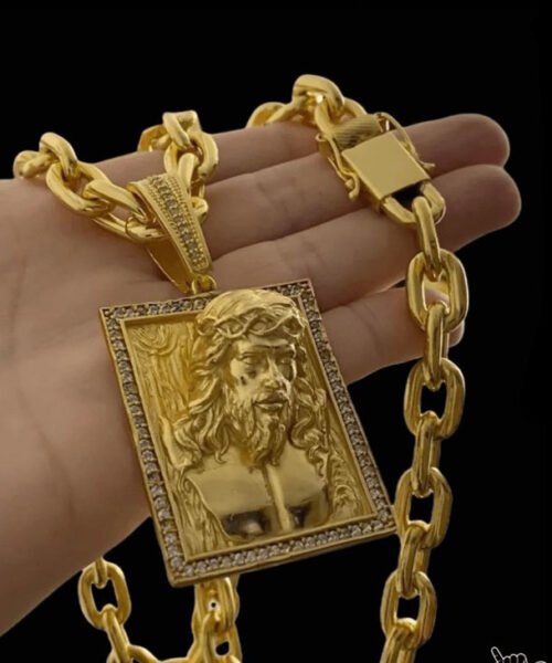 Corrente Cadeado (12mm) + Pingente Jesus 3d - Banhado a Ouro 18k