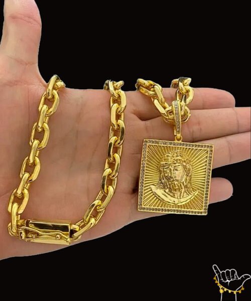 Corrente Cadeado (12mm) + Pingente Rosto de Cristo - Banhado a Ouro 18k
