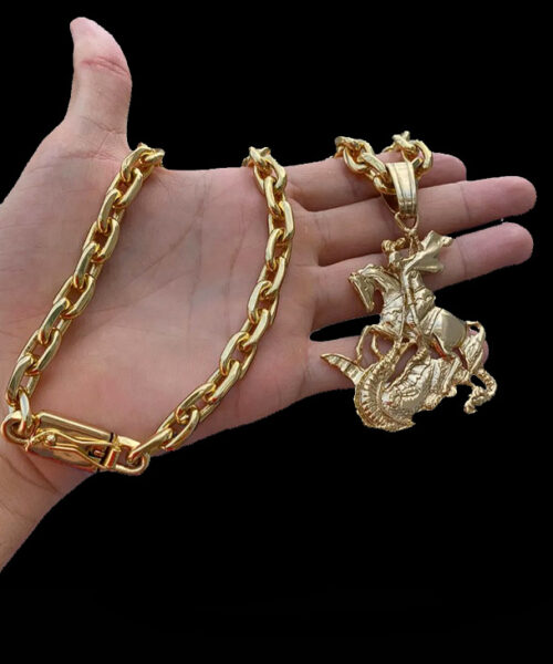 Corrente Cadeado (12mm) + Pingente São Jorge - Banhado a Ouro 18k