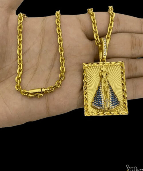 Corrente Cadeado + Pingente Nossa Senhora Cravejado (5mm) - Banhado a Ouro 18k