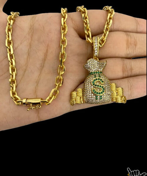 Corrente Cadeado + Pingente Dinheiro Cravejado (5mm) - Banhado a Ouro 18k