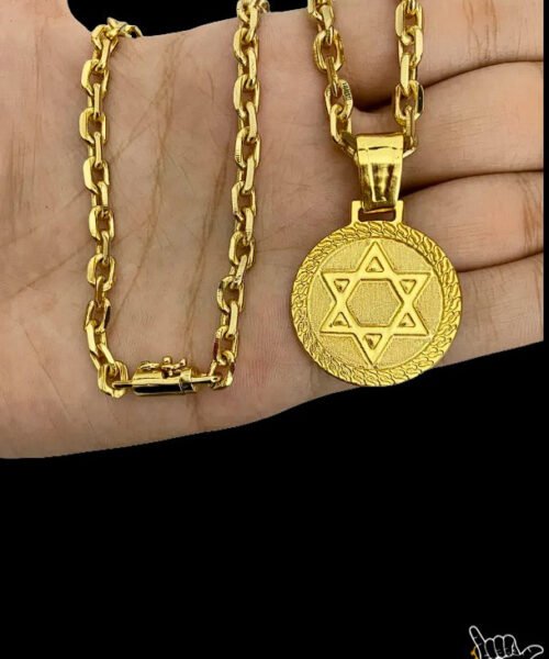 Corrente Cadeado (5mm) + Pingente Estrela de Davi - Banhado a Ouro 18k