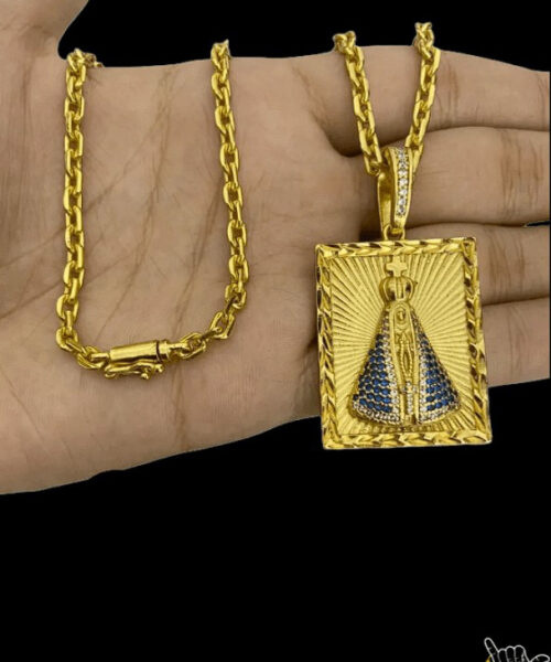 Corrente Cadeado (5mm)+ Pingente Nossa Senhora - Banhado a Ouro 18k