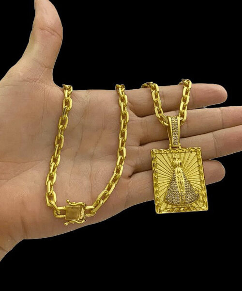 Corrente Cadeado (6mm) + Pingente Nossa Senhora – Banhado a Ouro 18k