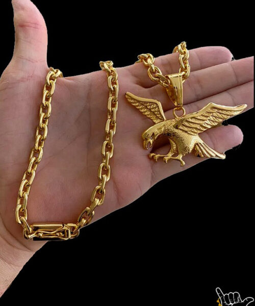 Corrente Cadeado (8mm) + Pingente Águia - Banhado a Ouro 18k