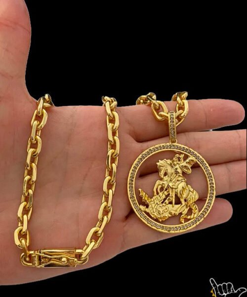 Corrente Cadeado (8mm) + Pingente São Jorge - Banhado a Ouro 18k