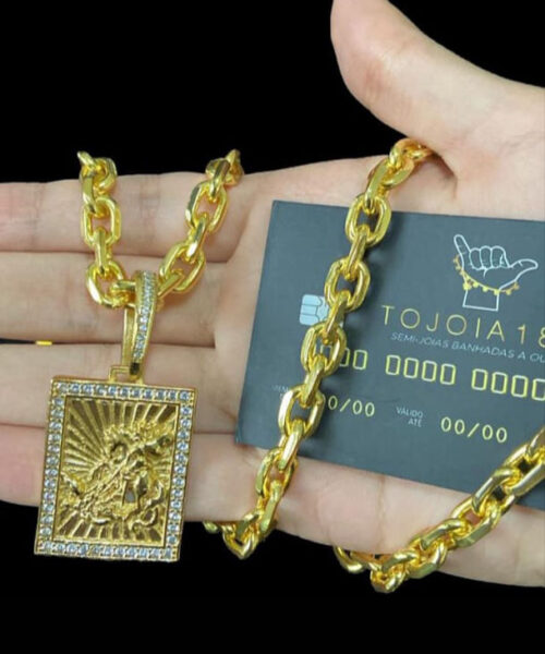 Corrente Cadeado (8mm) + Pingente São Jorge - Banhado a Ouro 18k